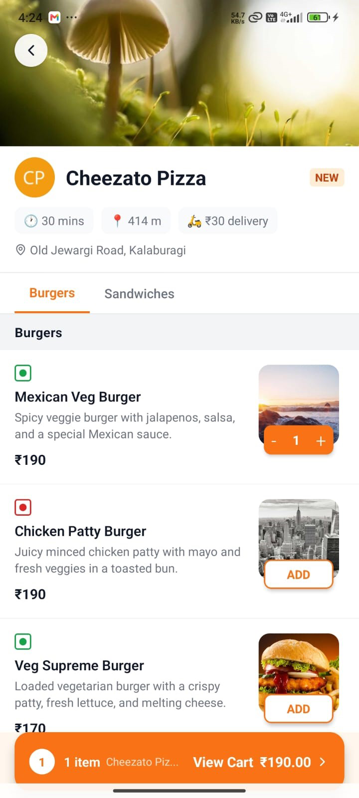 Namma Oota restaurant menu screen