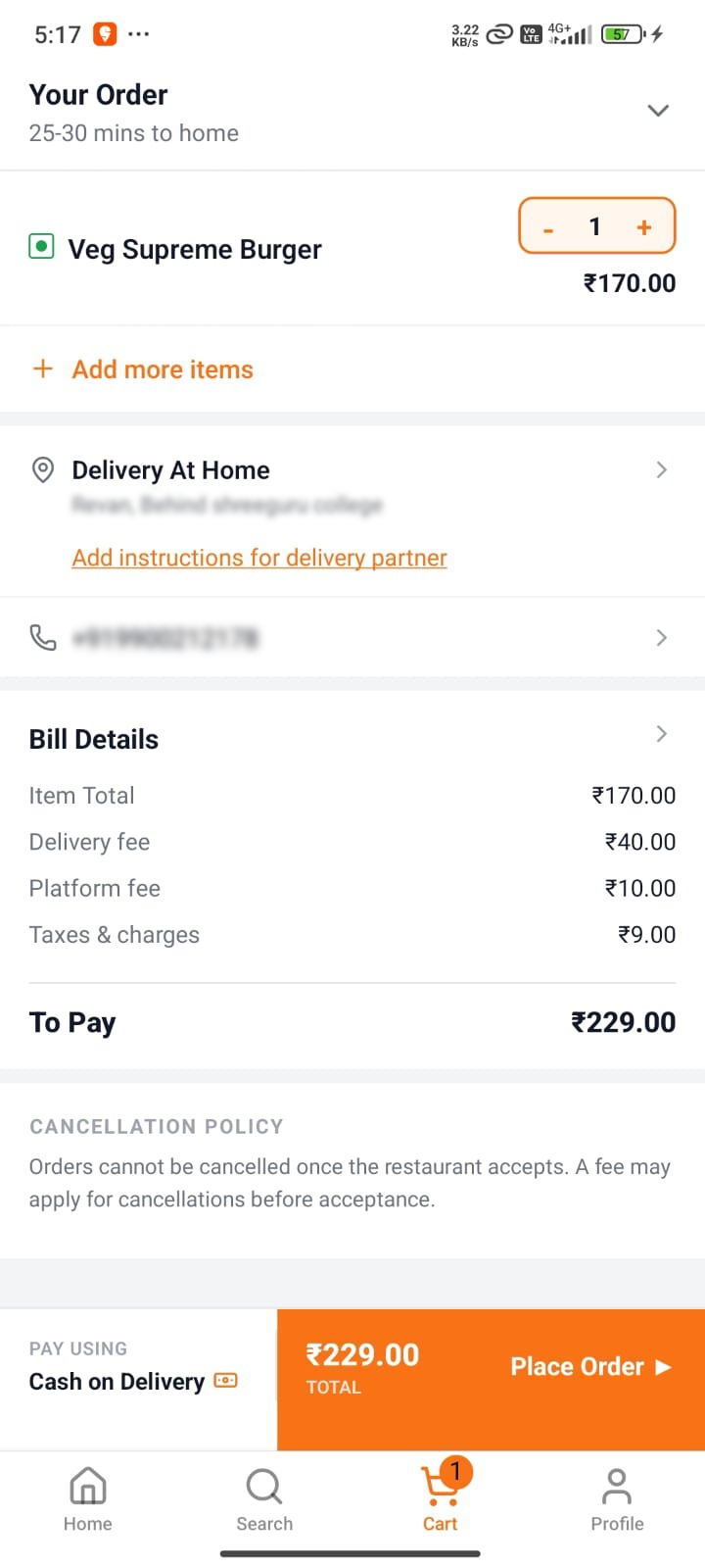 Namma Oota cart and bill breakdown