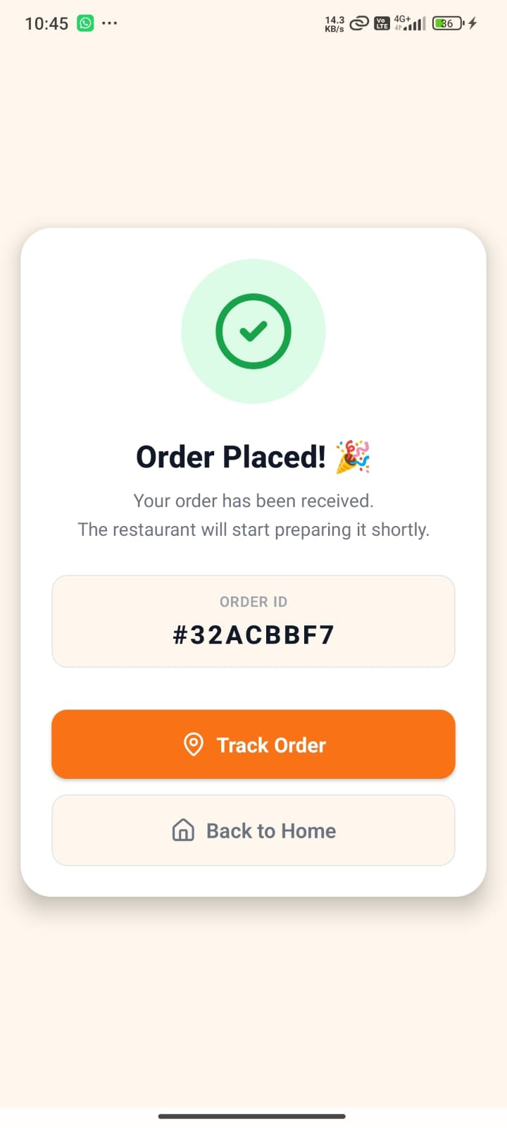 Namma Oota order confirmation